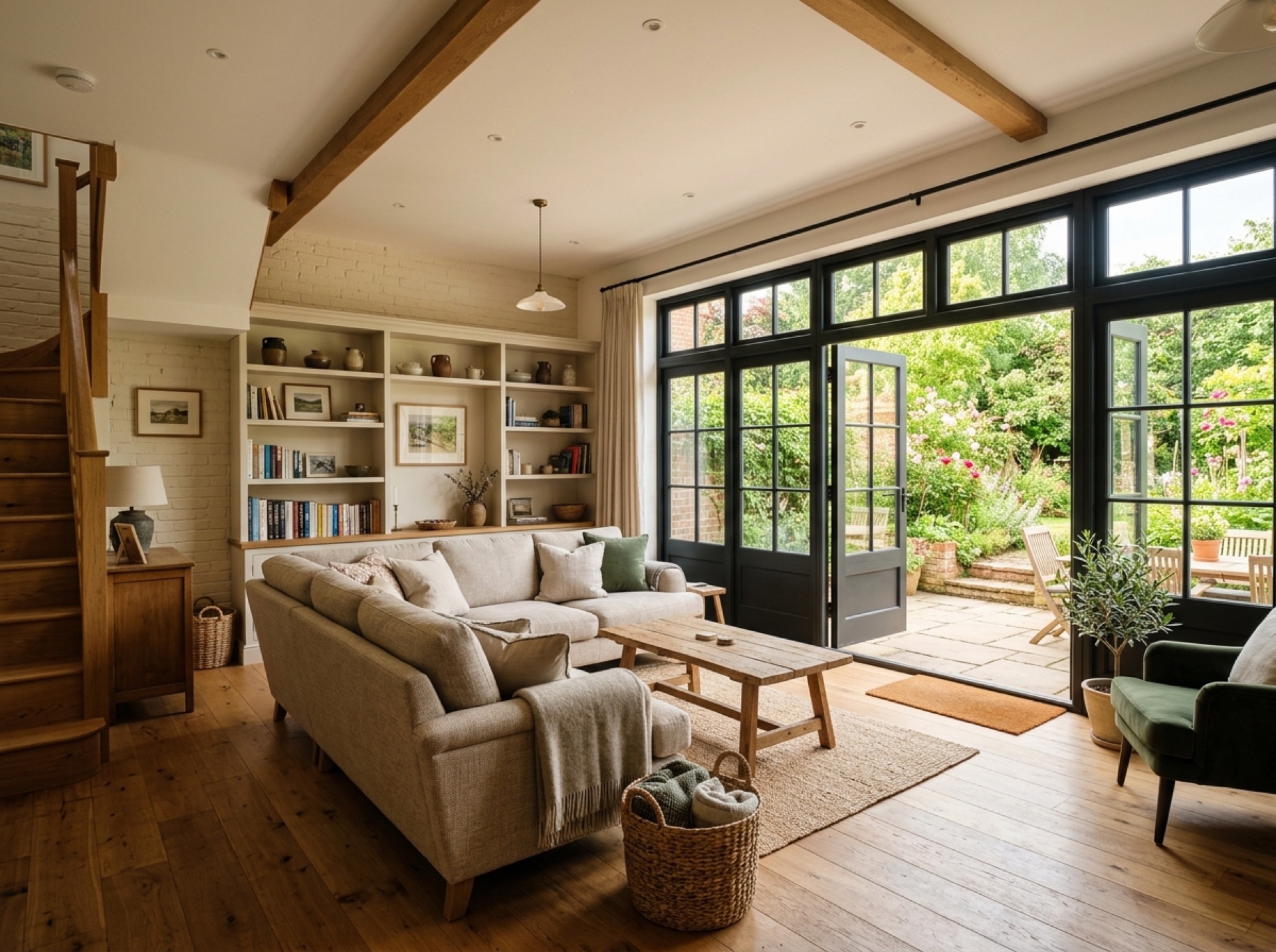 Converted double garage now an open-plan family room with glazed doors to the garden