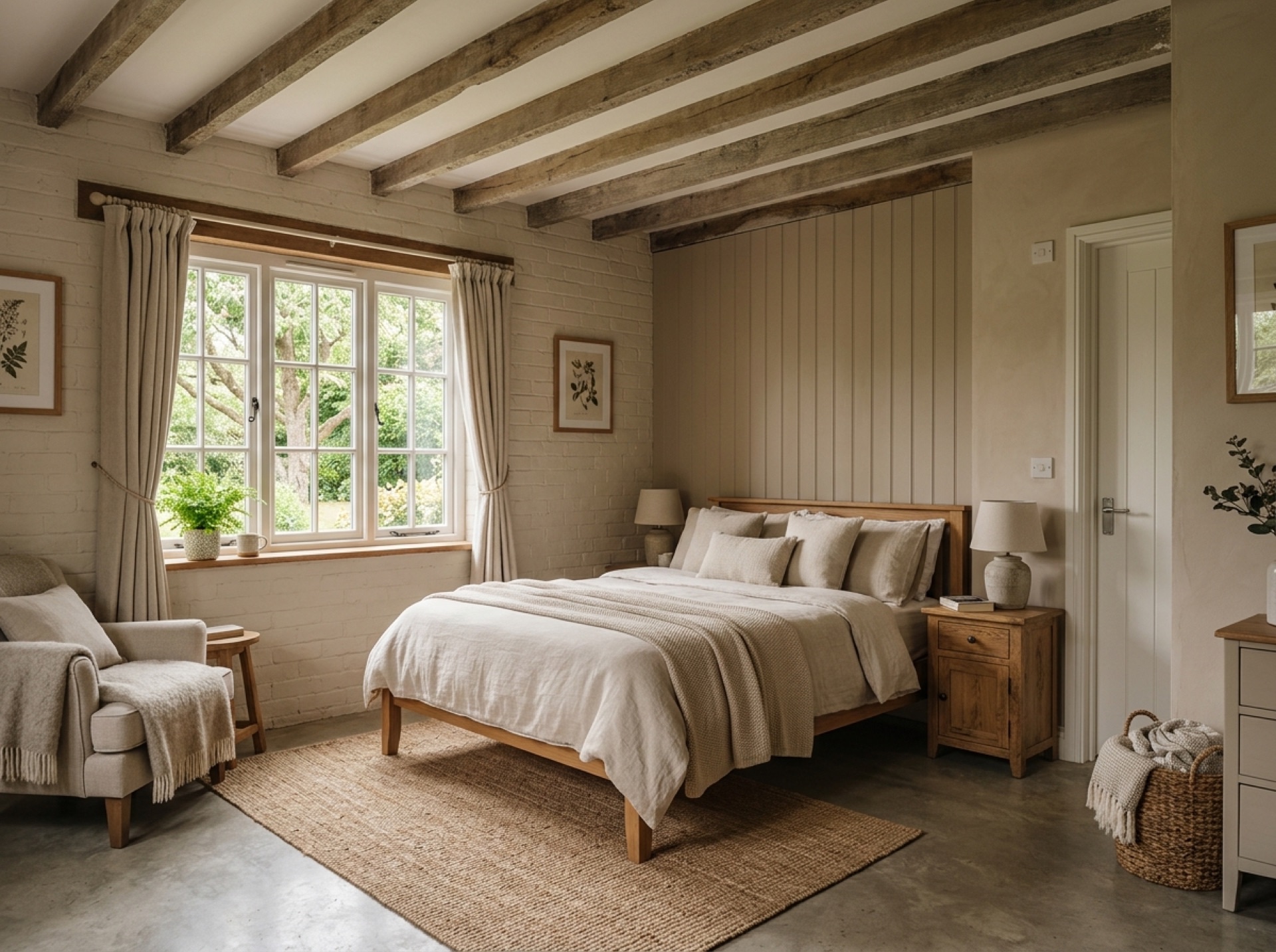 Converted garage used as a guest bedroom with a window onto trees