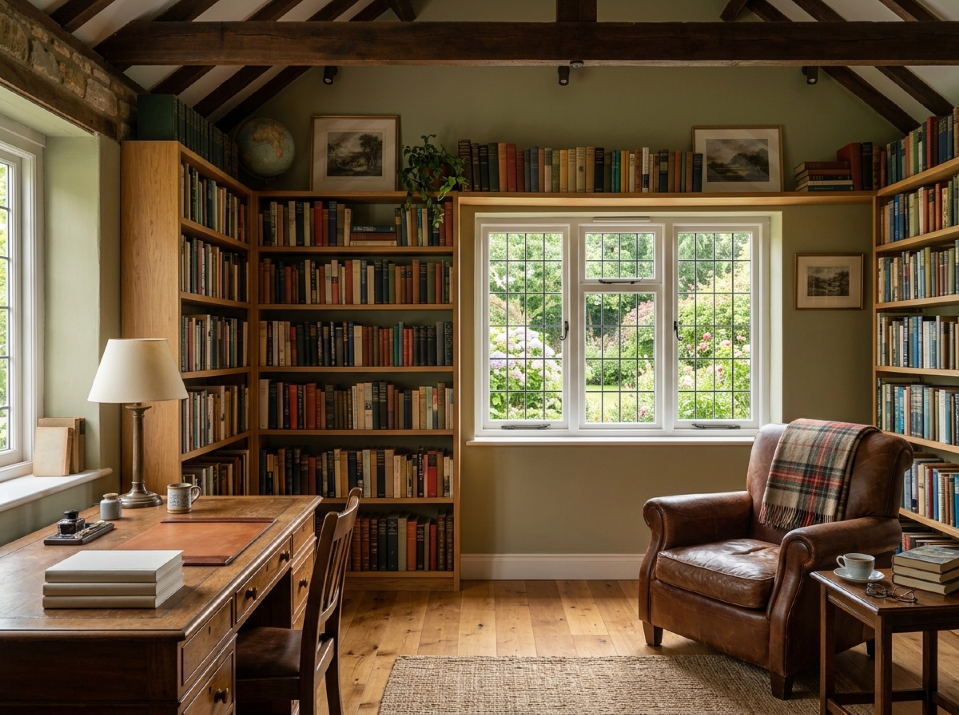 Converted garage used as a study with bookshelves and an armchair